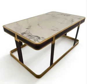 Modern Luxury Coffee Table Marble Top with Gold Stainless Steel Frame and Leather Wrapped Legs for KTV VIP Room