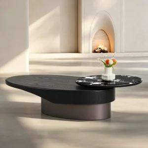 Modern Luxury Coffee Table with Wood Veneer Painted Finish Double Drawers Sintered Stone Top for Living Room