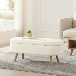 Modern Luxury Comfortable Oval Fabric Storage Ottoman Bench with Wood Legs for Living Room Bedroom Entryway Hotel & Apartment