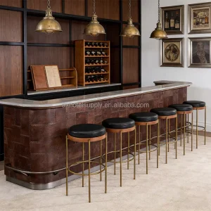 Modern Luxury Commercial Hotel Bar Counter Marble Top Leather Rivet Design Restaurant Bar Table Metal Bar Stools Set