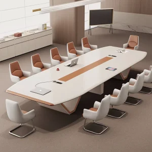 Modern Luxury Conference Table and Chair Set Oval V Shape Legs Leather Inlay Built in Cable Box 8 12 Seater OEM Custom