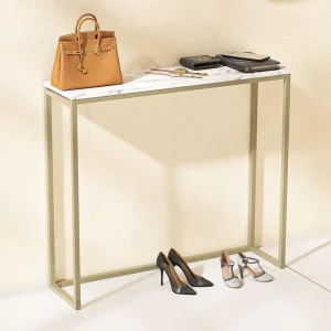Modern Luxury Console Table with White Marble Top and Gold Iron Legs Made for Entry Living Room or Hotel Panel Wood Style
