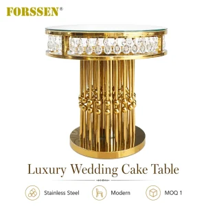 Modern Luxury Crystal Gold Stainless Steel Cake Table with Tempered Glass Top for Hotel Dining Outdoor Weddings