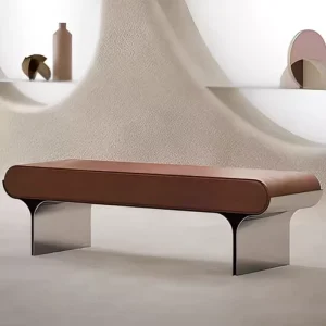 Modern Luxury Curved Brown PU Leather Upholstered Removable Bench Chrome Stainless Steel Sculptural Entryway End Bed Ottoman Use