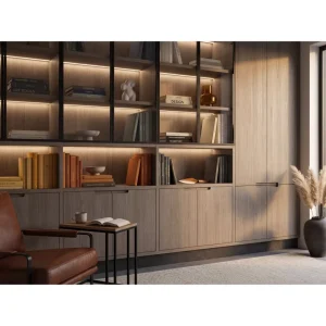 Modern Luxury Custom Bookshelf with Glass Doors and LED Lighting Modular Built in Wooden Storage Cabinet for Home Office Library