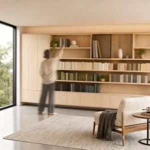 Modern Luxury Custom Built in Bookshelf with LED Lighting Modular Japandi Oak Wooden Wall Unit Library Storage Cabinet