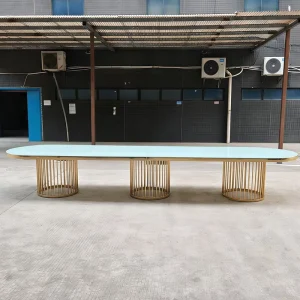 Modern Luxury Custom Stainless Steel Dining Table with Glass Top and Oval Shaped Wedding Banquet Table