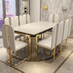 Modern Luxury Dining Table Chairs Set Marble Top Stainless Steel Frame Waterproof 8-Seater Rectangular Design Hotel