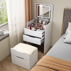 Modern Luxury Dressing Table Set Bedroom with Mirror Lights Drawer Small Apartment Room Vanity Makeup Furniture Wooden Design