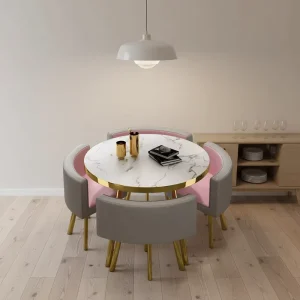 Modern Luxury Durable Round Dining Table Set with Metal Chairs MDF Wood Top Outdoor Restaurant Furniture for 1 Table 4 Chairs