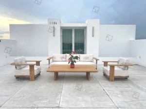 Modern Luxury Eco Friendly Durable Weather Resistant Teak Garden Patio Sofa Set Custom Fabric Cushion Quick Dry Balcony Backyard