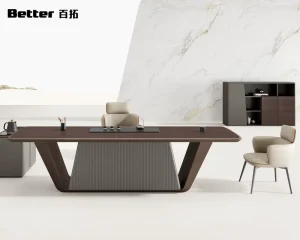 Modern Luxury Executive Office Desk with Integrated Tea Table Unique V Shape Legs Solid Wood Boss Table for Office Reception