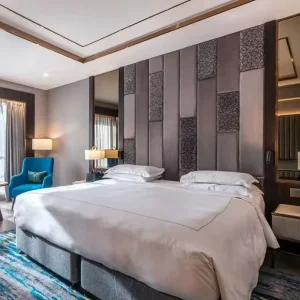 Modern Luxury Fabric Hotel Bedroom Furniture Set Complete King Size Bed Nightstand Chair Desk Factory Direct Supply