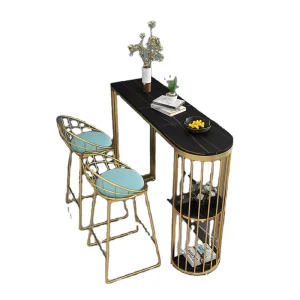 Modern Luxury Gold Metal Bar Table Chairs Velvet Fabric Marble Top for Home Outdoor Restaurant Hotel Kitchen Club Use for Cafe