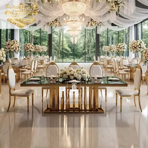 Modern Luxury Gold Stainless Steel Mirror Glass Top Wedding Event Tables for Hotel Dining Use