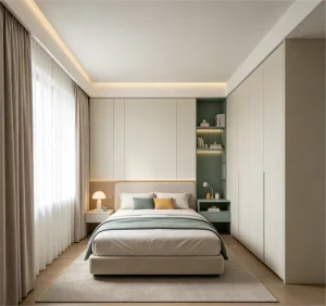 Modern Luxury Green Cream L Shaped Corner Integrated LED Lighting Nightstand Bed Cabinet New Children Closet Wardrobe