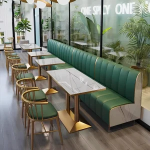 Modern Luxury Green Gold Restaurant Furniture Booth Set Commercial Marble Top Dining Table PU Leather Metal Base Restaurants