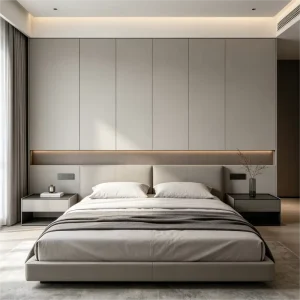 Modern Luxury Grey Integrated Headboard Storage Wall Open Shelf LED Lights Nightstand Wardrobe Bedroom Furniture 2 in 1 Closet