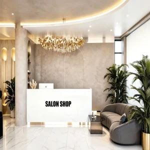 Modern Luxury Hair Salon Interior Design and Custom Salon Furniture with Wood, Stone and Champagne Gold Metal Full Store Fit Out