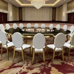 Modern Luxury Hotel Wedding Dining Table with Tempered Glass Top Metal Gold Stainless Steel Frame S Shape Serpentine Design