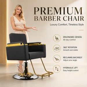 Modern Luxury Hydraulic Salon Styling Chair Black PU Leather Gold Armrest Professional Hair Cutting Chair with Round Base