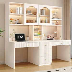 Modern Luxury Integrated Desk Set Solid Wood Double Desk Bookshelf for Home Student Writing Desktop Computer Use Featuring Light