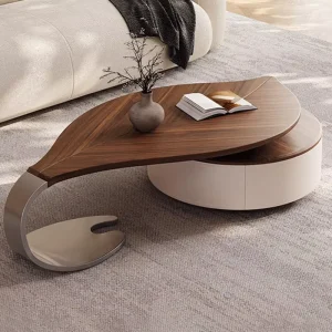 Modern Luxury Irregular Leaf Shape Walnut Wood Top with Round Storage Base for Home Living Room Coffee Table