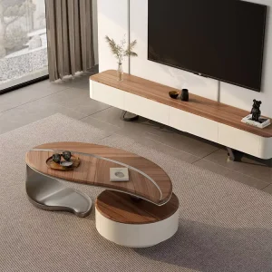Modern Luxury Irregular Organic Shape Walnut Wood Top with Storage Drawers Coffee Table