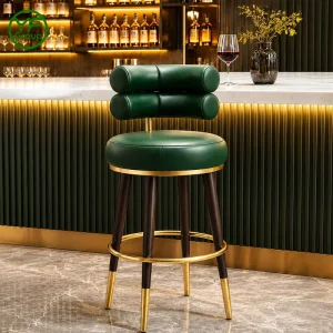 Modern Luxury Kitchen Gold Metal Barstool Nordic Velvet Solid Wood Leg High Stool Bar Chair for Restaurant Bar