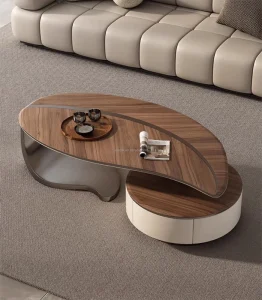 Modern Luxury Leaf Shape Coffee Table TV Stand Set Waterfall Design Wooden Center Table with Wireless Charging Home Bedroom Use