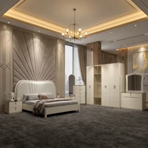 Modern Luxury MDF Bedroom Furniture Set Customizable for Villa Home Office & Bathroom Use High Gloss Beige Storage Features
