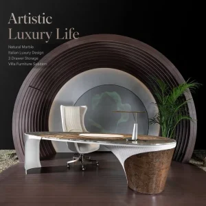Modern Luxury Marble Top Burl Wood Curved High end Designer Office Boss Workstation Furniture Executive Desk Table