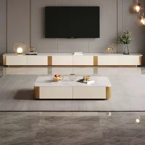 Modern Luxury Marble Top Wooden TV Stand Coffee Table Set Extendable Living Room Bedroom Console Floating Showcase Furniture