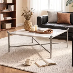 Modern Luxury Minimalist Carrara White Marble Top Square Coffee Table with Metal Legs Forge Iron Frame Living Room Furniture