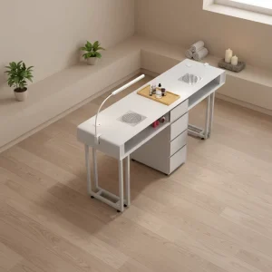 Modern Luxury Nail Manicure Table with Wood Top and Metal Frame for Salon or Workshop