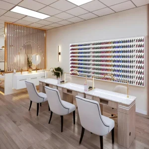 Modern Luxury Nail Salon Design Nail Polish Display Wall Gold Trim Manicure Tables Complete One Stop Renovation