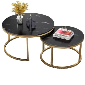 Modern Luxury Nesting Coffee Table Set of 2 Gold Metal Frame Round Black Marble Tea Tables for Living Room Salon Furniture