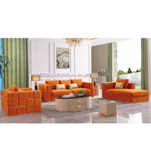Modern Luxury Orange Square Sofa Set Synthetic Leather Cover Stainless Steel Legs Italian Design for Villa Hotel Mall