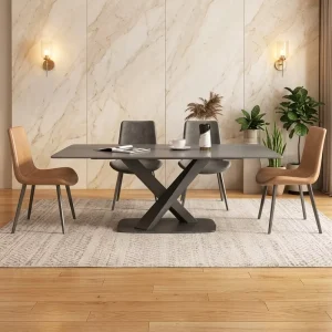 Modern Luxury Rectangular Marble Dining Table with Black Stainless Steel X Legs for Villa High-end Dining Room Furniture