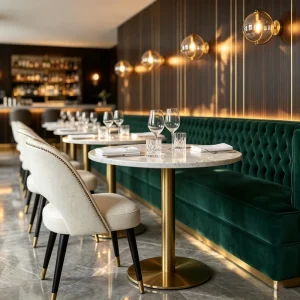 Modern Luxury Restaurant Booth Seating Tufted Emerald Green Velvet Straight Bench Dining Table Chair Set Hotel Lounge Furniture