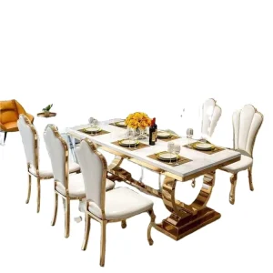 Modern Luxury Restaurant Furniture Marble Top and Stainless Steel Dining Table With 6 or 8 or 10 Seater Chairs