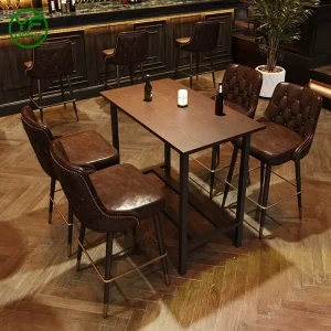 Modern Luxury Restaurant Furniture Metal Bar Stool Nordic Leather Solid Wood Table and Chair Sets for Bar Nightclub