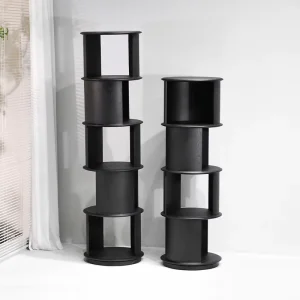 Modern Luxury Rotating Cylinder Bookshelf Tall Slim Black Wooden Open Storage Display Cabinet Furniture