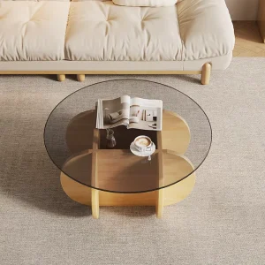 Modern Luxury Round Glass Coffee Table with Wood Base