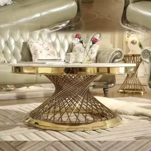 Modern Luxury Round Marble Top Coffee Table with Stainless Steel Gold Frame for Dining in Living Room