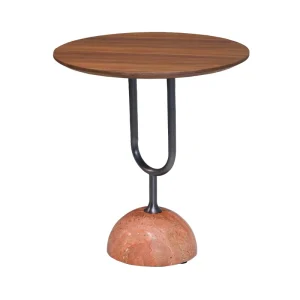 Modern Luxury Round Side Table Walnut Top with U Shaped Metal Frame and Natural Marble Base Small Coffee Table for Living Room