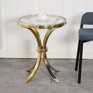 Modern Luxury Round Tempered Glass Top Coffee Table with Gold and Silver Metal Base