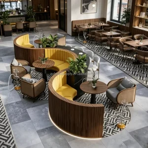 Modern Luxury S Shaped Curved Restaurant Booth Seating Customized Wood Veneer Banquette Sofa Set for Hotel Lobby Cafe