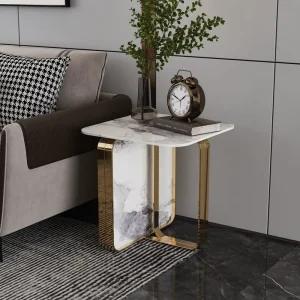 Modern Luxury Sintered Stone End Table Square Gold Stainless Steel Side Table Marble Top Sofa Side Table Custom