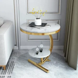 Modern Luxury Sintered Stone Side Table with Gold Frame Double Tier Storage End Table for Bedroom Living Room